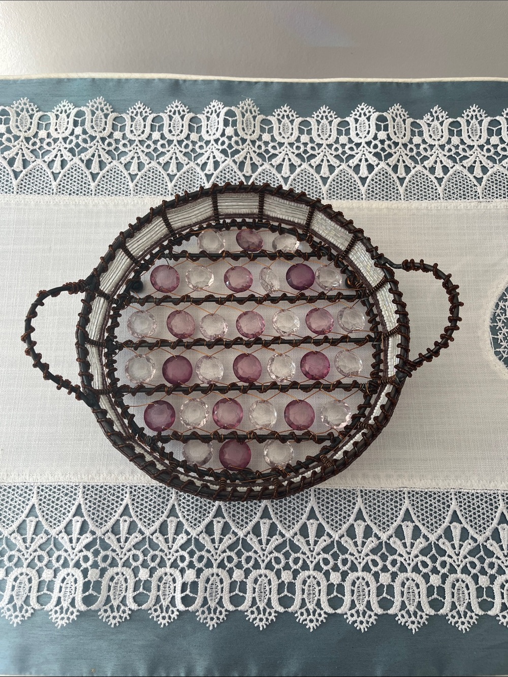Handcrafted Beaded Wire Basket Footed Tray Light Purple Pink Clear 7.25” Round